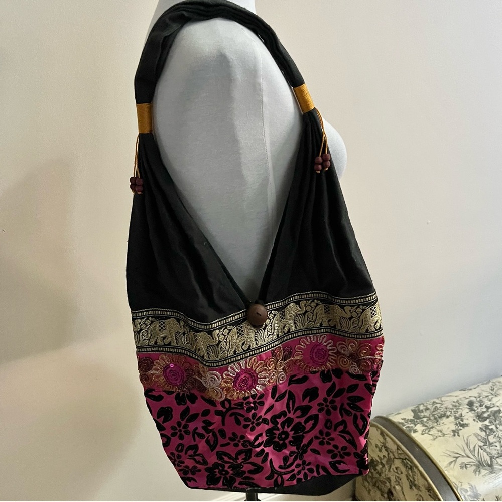 Thai~Boho-Shoulder Bag~Sling Hobo Style~Pink, Gold, Black